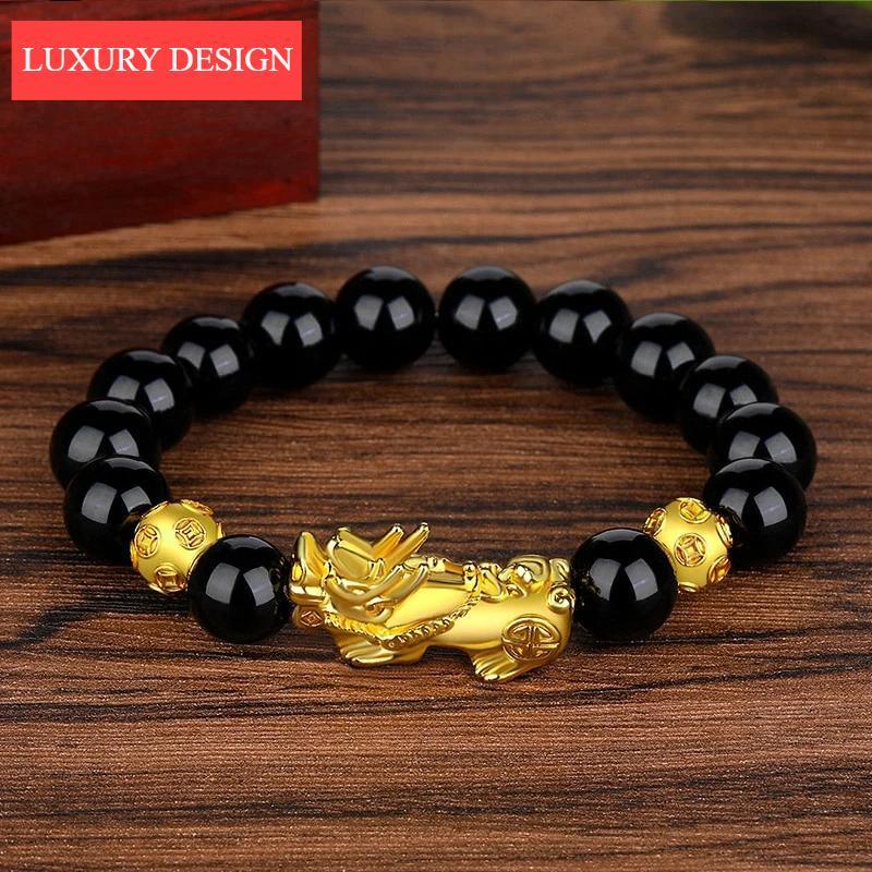 Luxury Black Obsidian Stone Beads Bracelet Gold Color Buddha Good Luck Wealth Bracelets for Women and Men