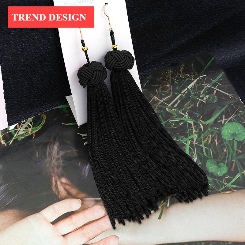 Bohemian Tassel Crystal Long Drop Earrings for Women Red Cotton Silk Fabric Fringe Earrings Fashion Woman Jewelry