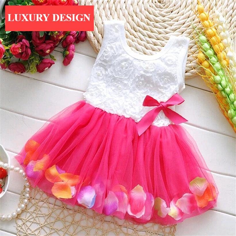 Luxury Modern Handmade Girls Sweetness Flower Kids Dress Princess Summer Sleeveless Mini Tutu Dress Childs Bow Pink Yellow Red Girls Clothing Dress