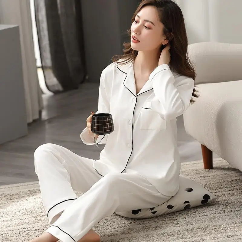 100% Cotton New Trendy  Pajamas For Women Full Sleeves Pajamas Button Down Winter Sleepwear Set Women White Cotton Pajamas 2021 - Treko - 2021 pajamas, 2021 trends, birthday gifts, comfortable pajamas, fashion 2021, new trend 2021, pajamas 2021, pajamas for women, pajamas set, trends 2021, trendy pajamas, trendy pajamas 2021, trendy pajamas for women, winter pajamas, winter pajamas 2021, winter women pajamas, women pajamas- Stevvex.com