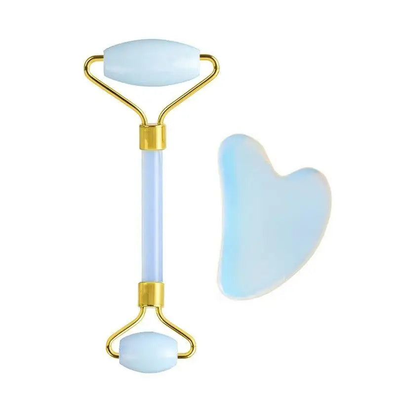 100% Natural Opal Clear Blue Roller Guasha Set - Massage Beauty Tools for Skin Firming Natural Glow and Stress Relief - ALLURELATION - 576, Face skin care tools, guasha scraper set, massage, opal jade roller se, Skin beauty tools, skin care, Skin care tools - Stevvex.com