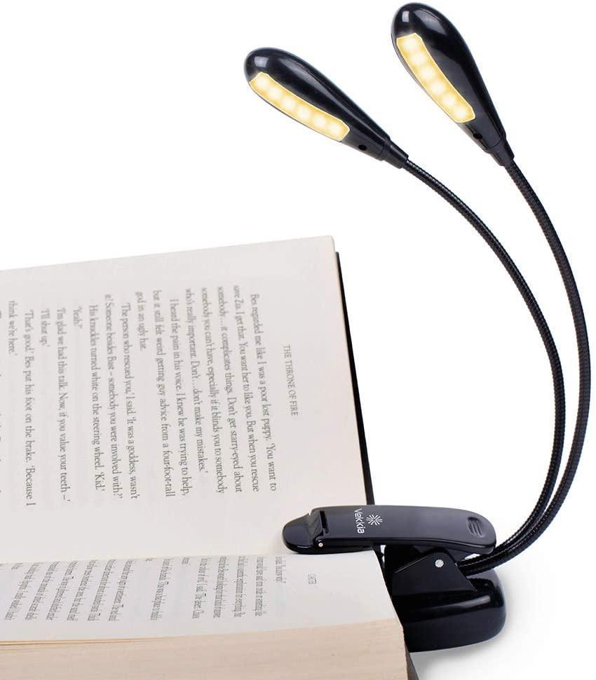 Super Adjustable Goosenecks Clip LED Lamp For Book Reading With Stand And Double Ligh  Rechargeable 12 LED Warm Book Light, Clip On Bed Reading Light, Music Stand Lamp, 2 Brightness & 2 Goosenecks Light Up 2 Full Pages. Perfect For Bookworms, Kids & Music