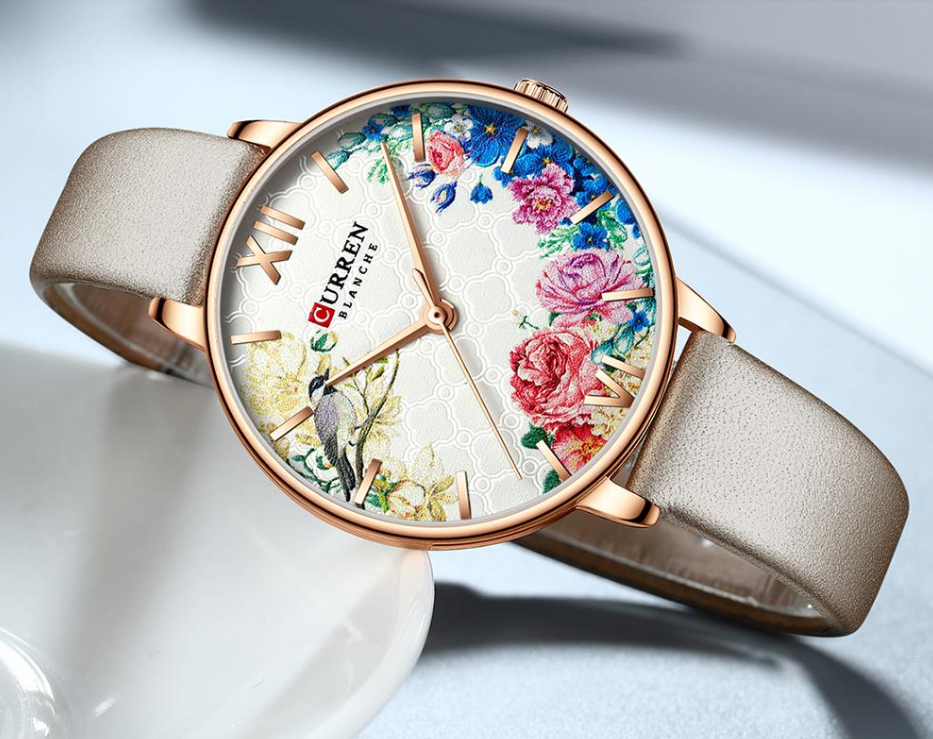 Womens Watches With Decoupage Flower Patterns And Details Of Large Roman Numbers