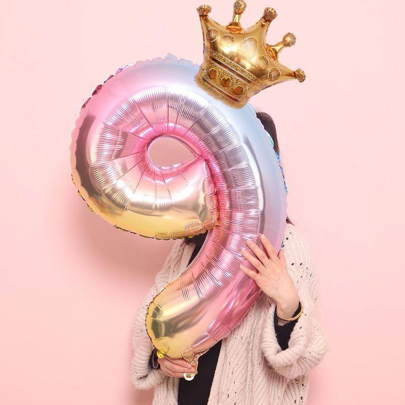 Luxury Gradient Modern 32inch Rainbow number Foil Balloons For Birthday party Decorations Kids Rose Ballons With Crown From 0-9 Numbers