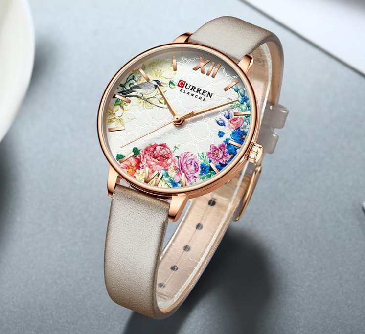 Womens Watches With Decoupage Flower Patterns And Details Of Large Roman Numbers