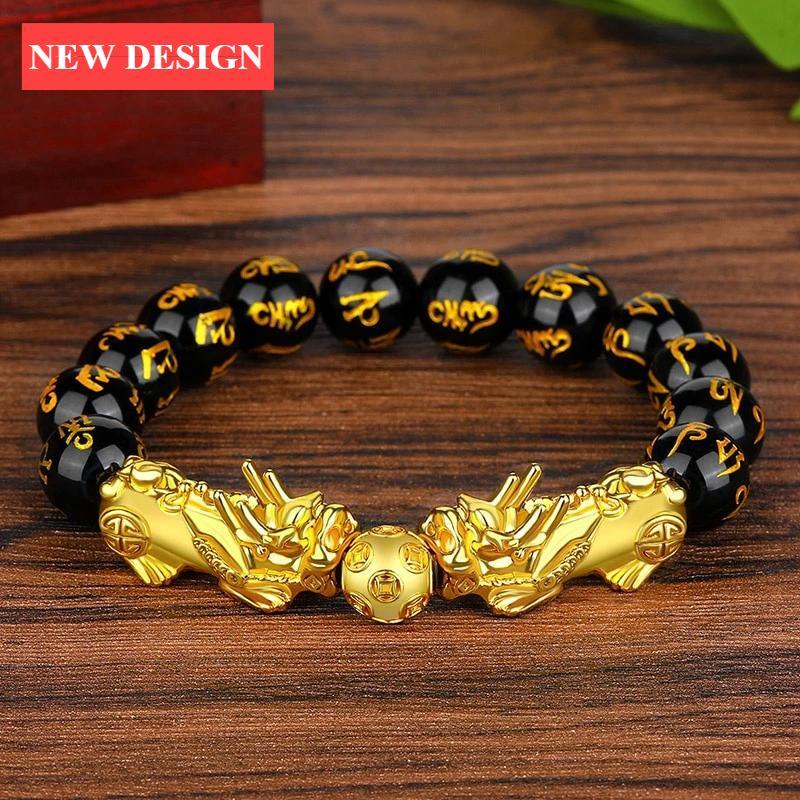 Luxury Black Obsidian Stone Beads Bracelet Gold Color Buddha Good Luck Wealth Bracelets for Women and Men