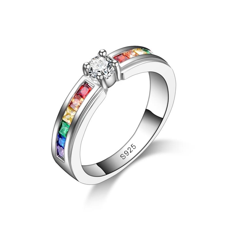 Real 925 Sterling Silver Various Colors Round Colorized Crystal Women Wedding Rings CZ Fashion Jewelry Ladies Accessories