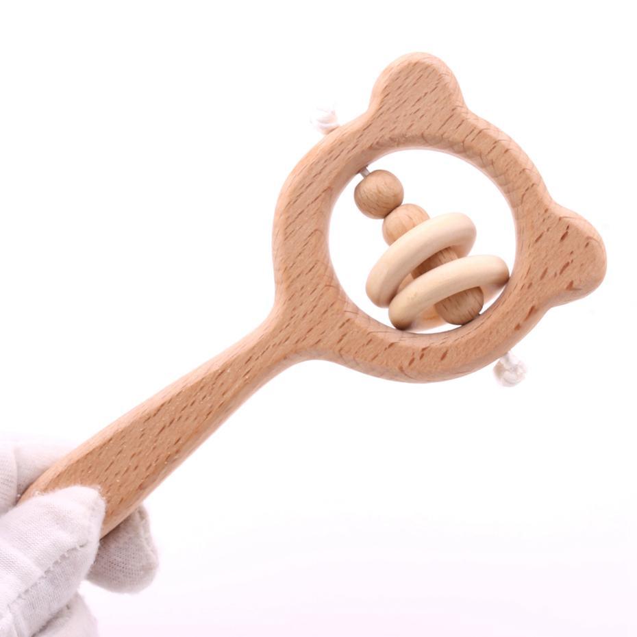 Modern Wooden Rattle Beech Bear Hand Teething Wooden Ring Baby Rattles Play Educational Toys For Kids