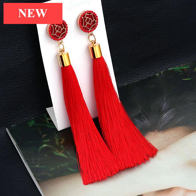 Bohemian Tassel Crystal Long Drop Earrings for Women Red Cotton Silk Fabric Fringe Earrings Fashion Woman Jewelry