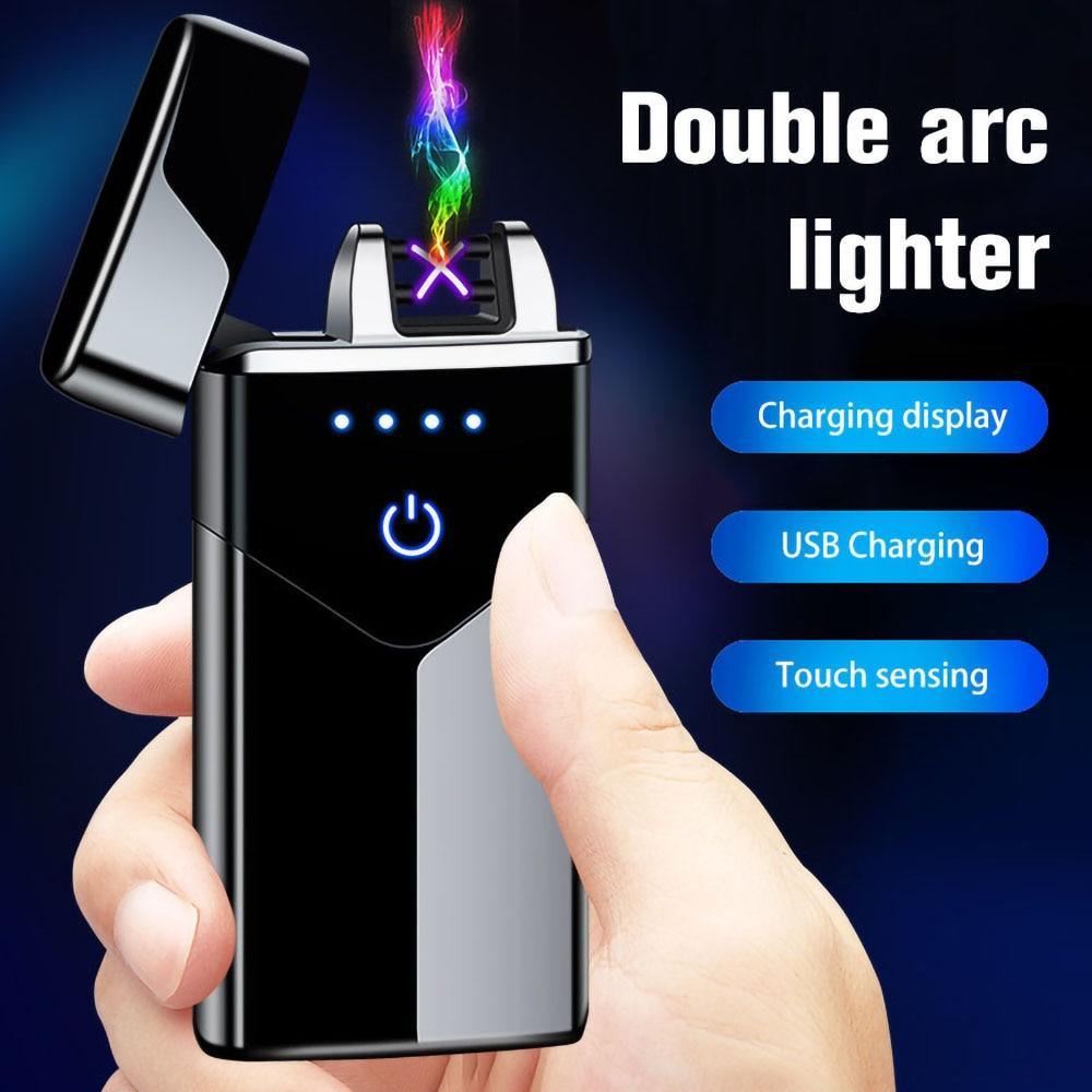 Modern Dual Arc USB Electric Touch Lighter LED ScreenTouch Fire Plasma Arc Lighter Windproof Metal Novelty Lighter Mens Gift In Elegant Gentlemen MEtal Lighter Style