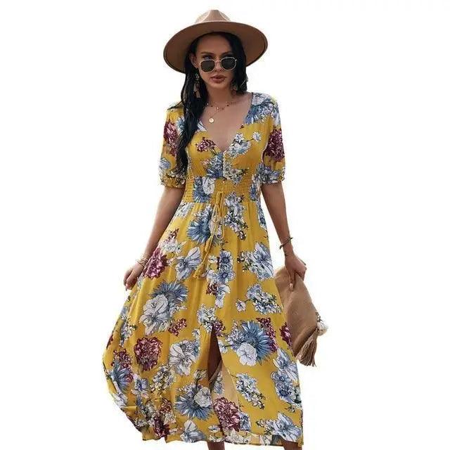 2021 Fashion Casual Loose Party Short Sleeve Maxi Split Dress - Summer Dresses for Women - ALLURELATION - 578, Best selling dresses, Cute Dresses, cute summer dresses, Cute women Dresses, Elegant Flowers Print dress, fancy gift, Fashion Dresses, gift for birthday, gift for the anniversary, luxury dress, Stylish dress, Summer Dresses - Stevvex.com