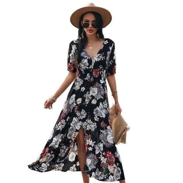 2021 Fashion Casual Loose Party Short Sleeve Maxi Split Dress - Summer Dresses for Women - ALLURELATION - 578, Best selling dresses, Cute Dresses, cute summer dresses, Cute women Dresses, Elegant Flowers Print dress, fancy gift, Fashion Dresses, gift for birthday, gift for the anniversary, luxury dress, Stylish dress, Summer Dresses - Stevvex.com