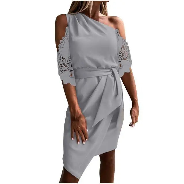 2021 New Luxury Summer Women Casual Solid Strapless Lace Hollow out Dress - Summer Fashion Dresses for women - Gray / L