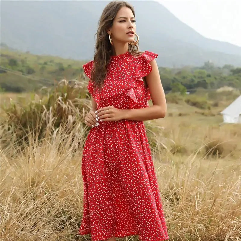 2021 New Summer Dot Print Dress Women Casual Butterfly Sleeve Ruffles Medium Long Chiffon Dress - Summer Fashion Dresses - ALLURELATION - 578, Best choice for the gift, best quality dress, Cute Dresses, Cute women Dresses, dot print dress, fancy gift, Fashion Dresses, gift for birthday, gift for the anniversary, ladies wear fashion, luxury dress, modern casual ladies dress, stylish dress, Stylish Dresses, Summer Dresses, woman summer fashion - Stevvex.com