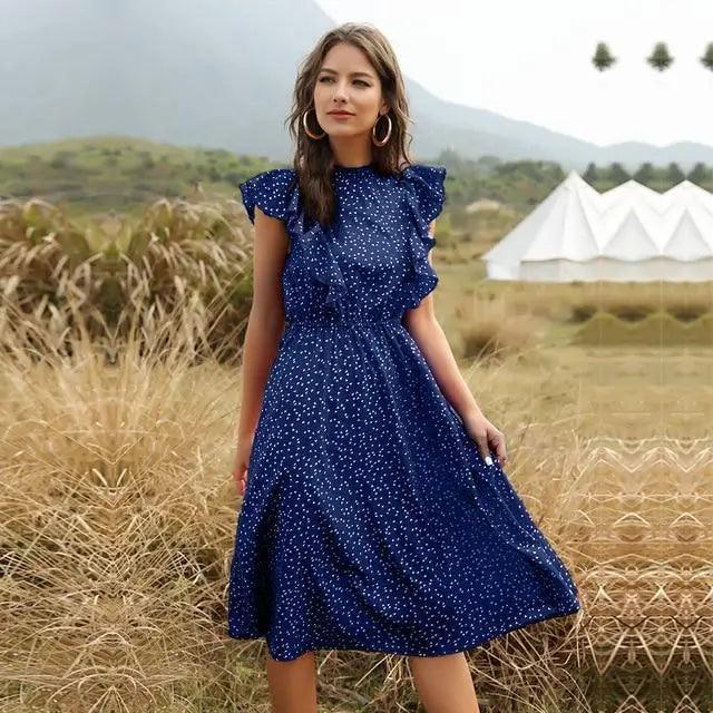 2021 New Summer Dot Print Dress Women Casual Butterfly Sleeve Ruffles Medium Long Chiffon Dress - Summer Fashion Dresses - ALLURELATION - 578, Best choice for the gift, best quality dress, Cute Dresses, Cute women Dresses, dot print dress, fancy gift, Fashion Dresses, gift for birthday, gift for the anniversary, ladies wear fashion, luxury dress, modern casual ladies dress, stylish dress, Stylish Dresses, Summer Dresses, woman summer fashion - Stevvex.com