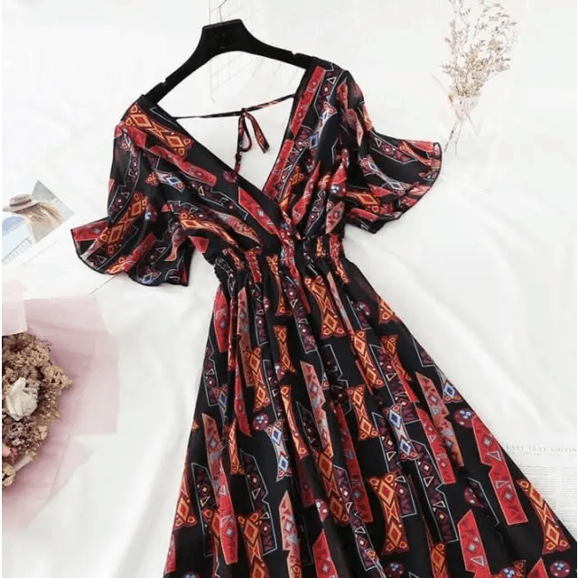 2021 Summer Women Ruffled Short-sleeved Chiffon Dress V-neck High Waist Floral Print Beach Midi Dresses For Women - ALLURELATION - 578, Best choice for ladies, Best choice for the gift, best quality dress, Best selling dresses, Best summer dress for ladies, Cute Dresses, fancy gift, Fashion Dresses, Floral Print casual dress, gift for birthday, gift for the anniversary, luxury dress, Stylish dress, Stylish Dresses, Summer Dresses - Stevvex.com