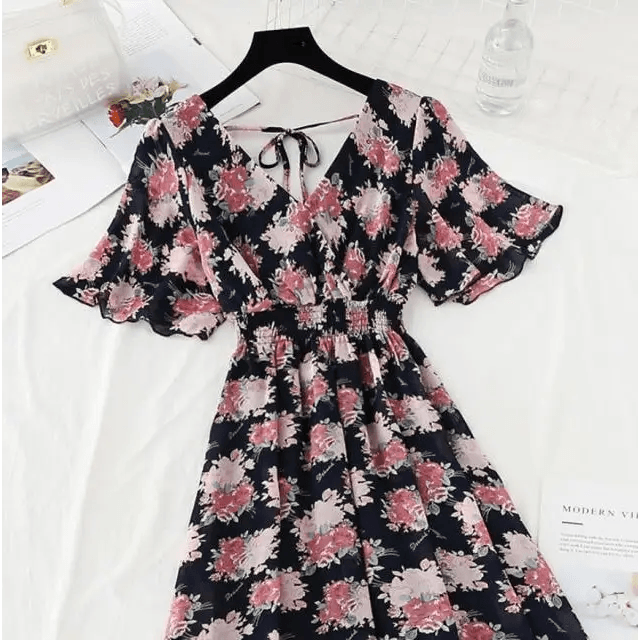 2021 Summer Women Ruffled Short-sleeved Chiffon Dress V-neck High Waist Floral Print Beach Midi Dresses For Women - ALLURELATION - 578, Best choice for ladies, Best choice for the gift, best quality dress, Best selling dresses, Best summer dress for ladies, Cute Dresses, fancy gift, Fashion Dresses, Floral Print casual dress, gift for birthday, gift for the anniversary, luxury dress, Stylish dress, Stylish Dresses, Summer Dresses - Stevvex.com