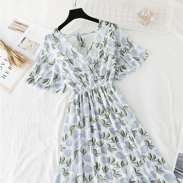 2021 Summer Women Ruffled Short-sleeved Chiffon Dress V-neck High Waist Floral Print Beach Midi Dresses For Women - ALLURELATION - 578, Best choice for ladies, Best choice for the gift, best quality dress, Best selling dresses, Best summer dress for ladies, Cute Dresses, fancy gift, Fashion Dresses, Floral Print casual dress, gift for birthday, gift for the anniversary, luxury dress, Stylish dress, Stylish Dresses, Summer Dresses - Stevvex.com