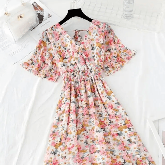 2021 Summer Women Ruffled Short-sleeved Chiffon Dress V-neck High Waist Floral Print Beach Midi Dresses For Women - ALLURELATION - 578, Best choice for ladies, Best choice for the gift, best quality dress, Best selling dresses, Best summer dress for ladies, Cute Dresses, fancy gift, Fashion Dresses, Floral Print casual dress, gift for birthday, gift for the anniversary, luxury dress, Stylish dress, Stylish Dresses, Summer Dresses - Stevvex.com