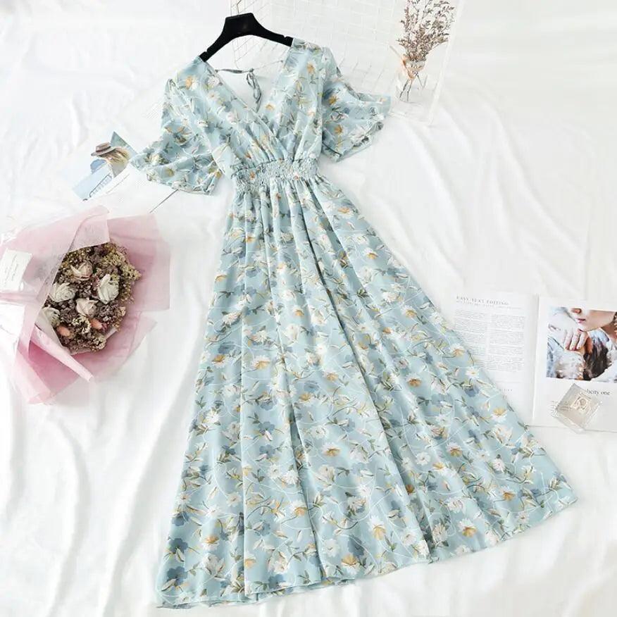 2021 Summer Women Ruffled Short-sleeved Chiffon Dress V-neck High Waist Floral Print Beach Midi Dresses For Women - ALLURELATION - 578, Best choice for ladies, Best choice for the gift, best quality dress, Best selling dresses, Best summer dress for ladies, Cute Dresses, fancy gift, Fashion Dresses, Floral Print casual dress, gift for birthday, gift for the anniversary, luxury dress, Stylish dress, Stylish Dresses, Summer Dresses - Stevvex.com