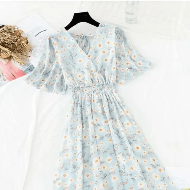 2021 Summer Women Ruffled Short-sleeved Chiffon Dress V-neck High Waist Floral Print Beach Midi Dresses For Women - ALLURELATION - 578, Best choice for ladies, Best choice for the gift, best quality dress, Best selling dresses, Best summer dress for ladies, Cute Dresses, fancy gift, Fashion Dresses, Floral Print casual dress, gift for birthday, gift for the anniversary, luxury dress, Stylish dress, Stylish Dresses, Summer Dresses - Stevvex.com