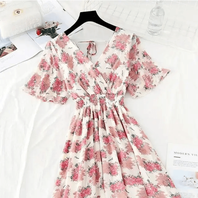 2021 Summer Women Ruffled Short-sleeved Chiffon Dress V-neck High Waist Floral Print Beach Midi Dresses For Women - ALLURELATION - 578, Best choice for ladies, Best choice for the gift, best quality dress, Best selling dresses, Best summer dress for ladies, Cute Dresses, fancy gift, Fashion Dresses, Floral Print casual dress, gift for birthday, gift for the anniversary, luxury dress, Stylish dress, Stylish Dresses, Summer Dresses - Stevvex.com