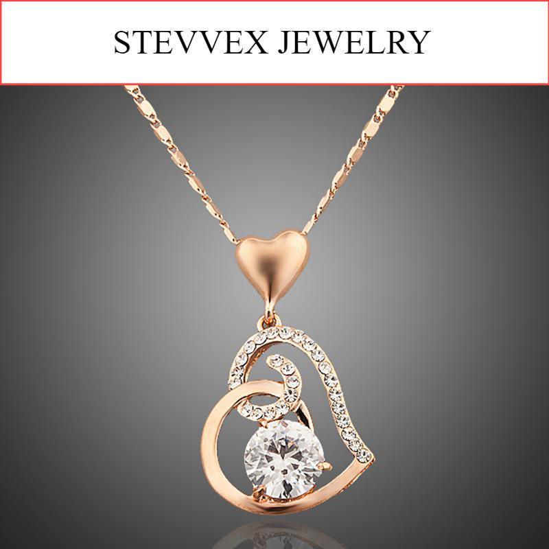 Rose Gold Color Clear Austrian Crystals Double Heart Pendant Necklace for Valentine's Day Gift of Love In Luxury Diamond Style