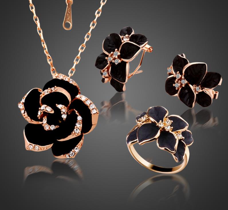 Modern Fashion Rose Flower Enamel Elegant Jewelry Set Luxury Rose Gold Color Black Painting New Bridal Jewelry Sets For Women Wedding