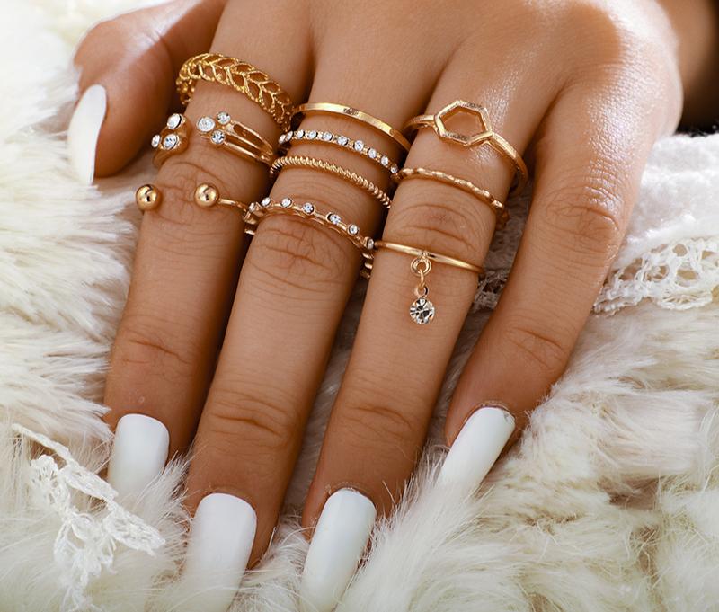 Bohemian Geometric Rings Sets Clear Crystal Stone Gold Chain Opening Rings for Women Jewelry Accessories