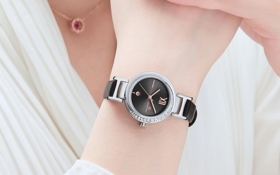 Women's Modern Wrist Watch With  Leather Belt Steel Case With Shining Background And Zircons On Dial Perfect Gift For Her