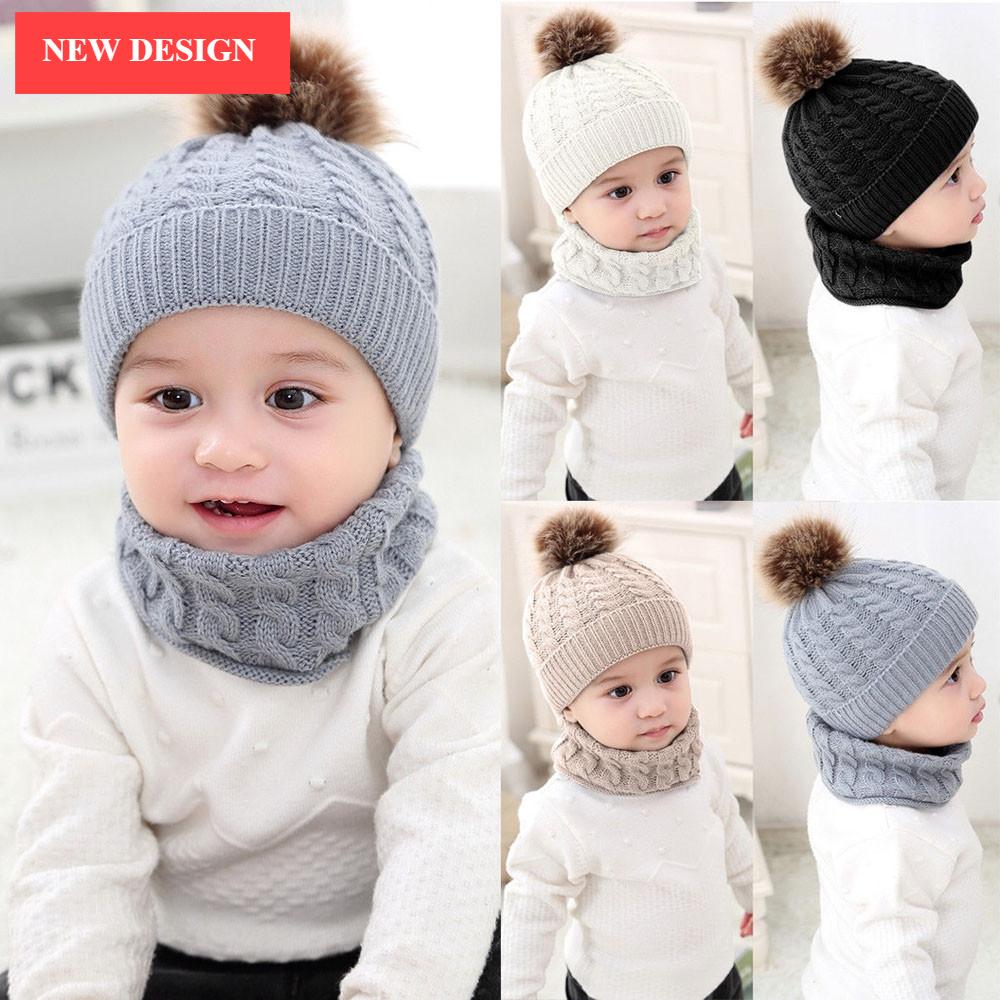 Trend New Toddler Hat Baby Girls and Boys Winter Warm Knitted Wool Hemming Hat Beanie Cap and Warm Scarf