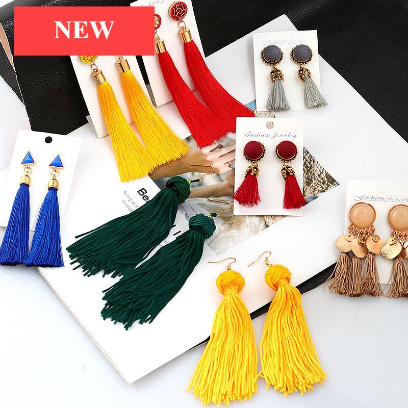 Bohemian Tassel Crystal Long Drop Earrings for Women Red Cotton Silk Fabric Fringe Earrings Fashion Woman Jewelry