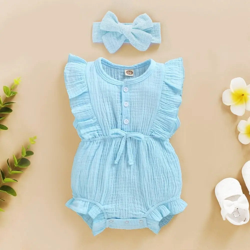 2Pc Summer Newborn Baby Girls Romper Headband Ruffles Sleeveless Clothes - Ruffle Romper Baby girl clothes - ALLURELATION - Baby clotes, Baby clotes set, Baby jumpsuit, Baby rompers, Baby set, Re, Remsha - Stevvex.com