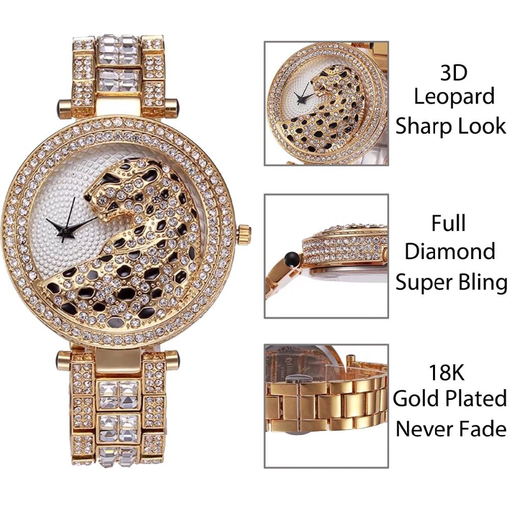 Women Quartz Watch Fashion Bling Casual Ladies Watch Female Quartz Gold Watch Crystal Diamond Leopard For Women and Girls