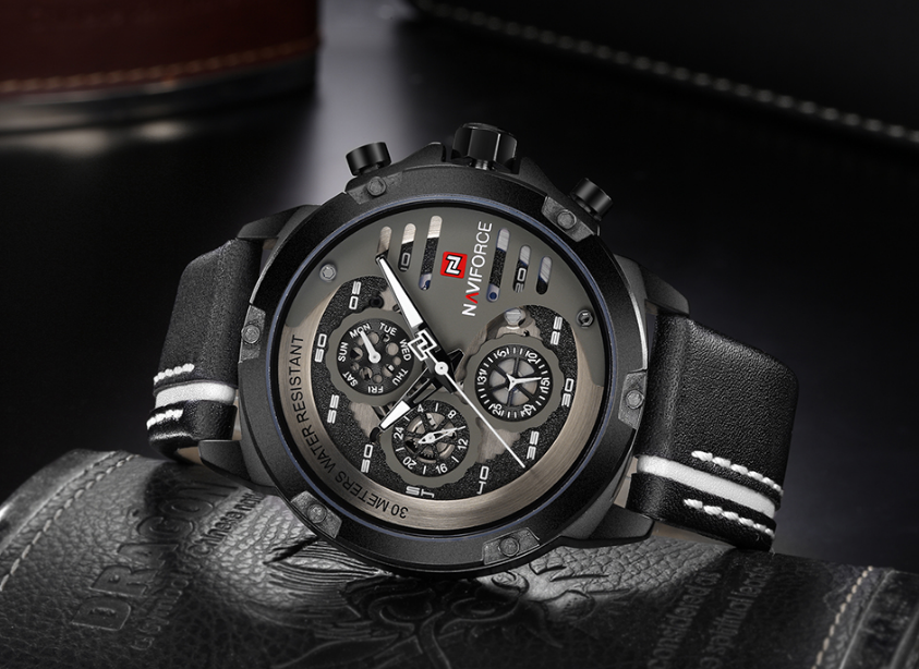 Men's  Sports Waterproof Watch With Chronometers And Leather Belt Multifunction Wristwatch Unique Design Perfect Gift