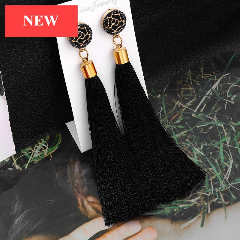 Bohemian Tassel Crystal Long Drop Earrings for Women Red Cotton Silk Fabric Fringe Earrings Fashion Woman Jewelry