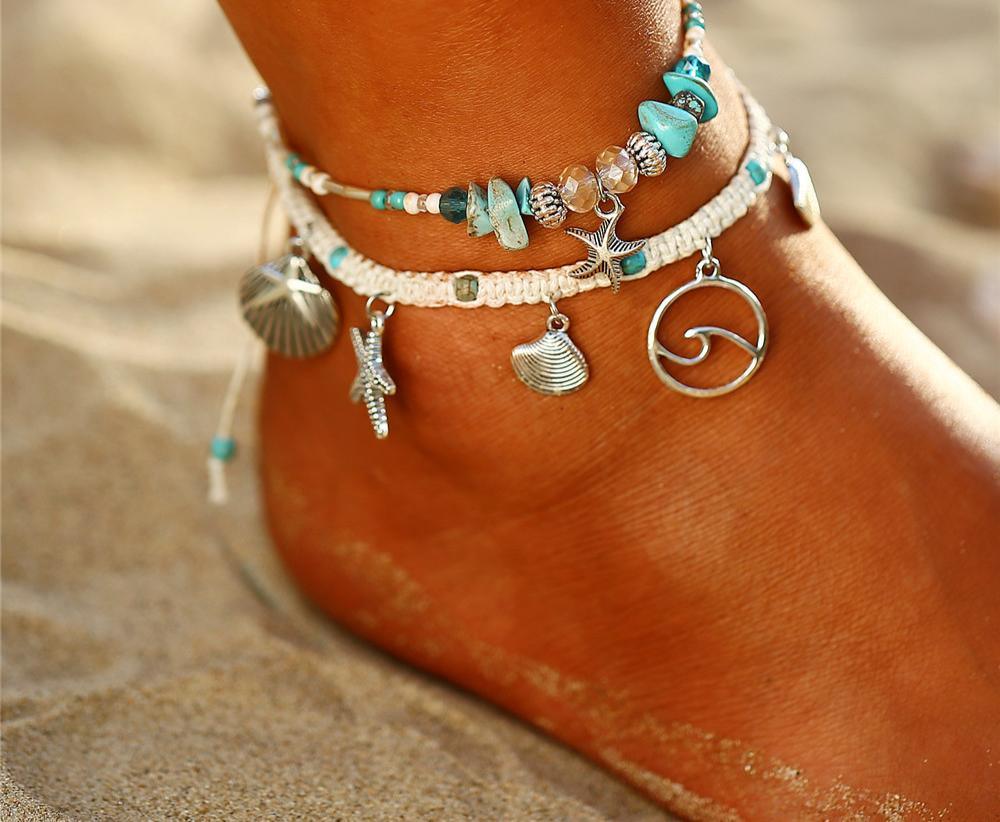 Bohemian Starfish Stone Anklets Set For Women Handmade Wave Anklet Bracelet on Leg Jewelry