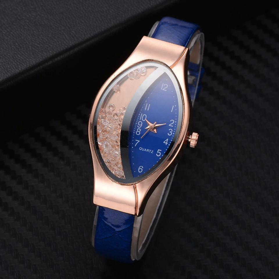 Women Fashion Luxury Watch Leather Strap Women Bracelet Clock Ellipse Rhinestone PU Sport Quartz Watch Wrist Watches For Women and Girls