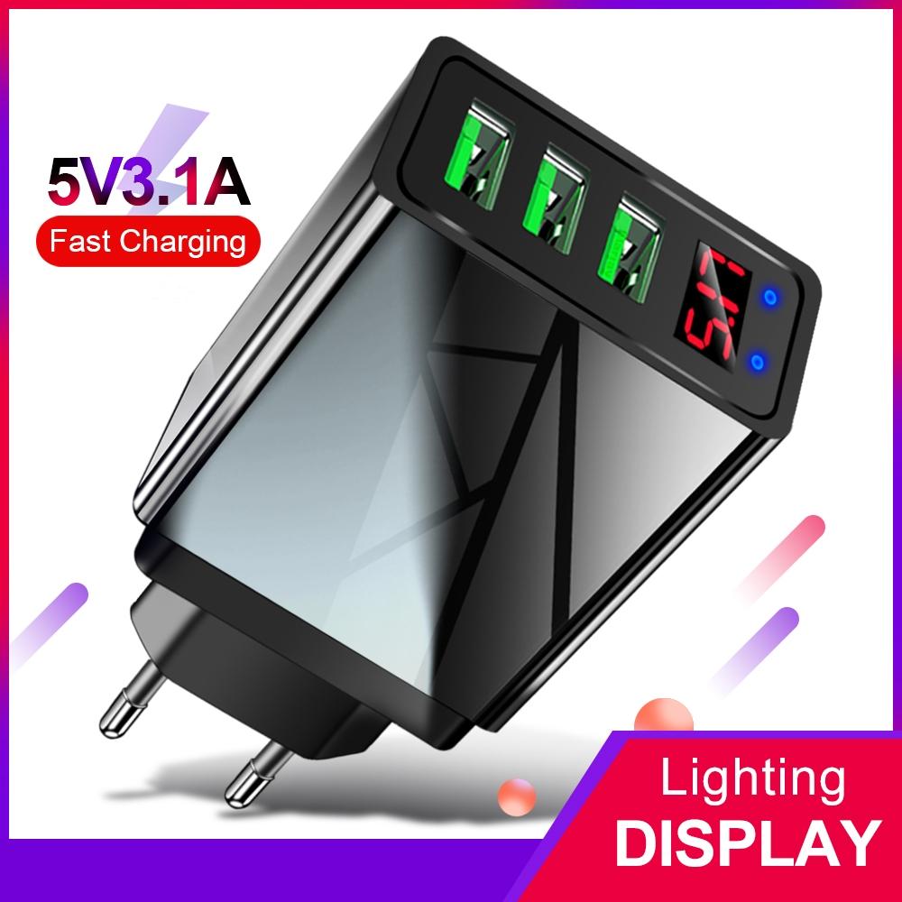 3 Ports Black USB Charger EU US Plug LED Display 3.1A Fast Charging Smart Mobile Phone Charger