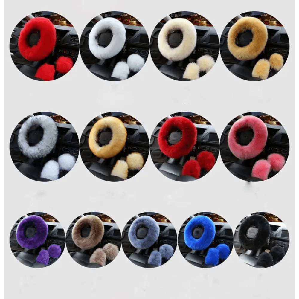 3Pcs Set Winter Fashion Wool Fur Soft Furry Car Steering Wheel Covers 16 Colors Winter Universal Hand Brake Gear Cover