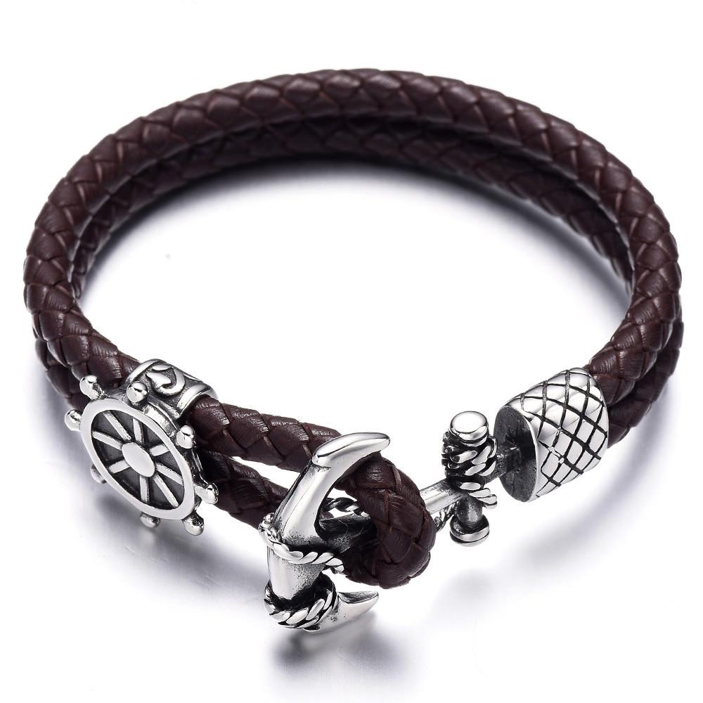 Genuine Elegant Leather For Men And Women Bracelets Bangles Stainless Steel Modern Compass Amazing Shield Bead Anchor Connector Charm Luxury Bracelet Jewelry