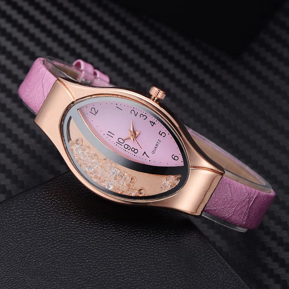 Women Fashion Luxury Watch Leather Strap Women Bracelet Clock Ellipse Rhinestone PU Sport Quartz Watch Wrist Watches For Women and Girls