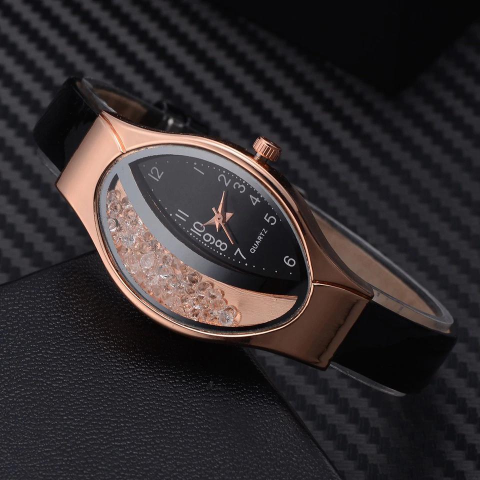 Women Fashion Luxury Watch Leather Strap Women Bracelet Clock Ellipse Rhinestone PU Sport Quartz Watch Wrist Watches For Women and Girls