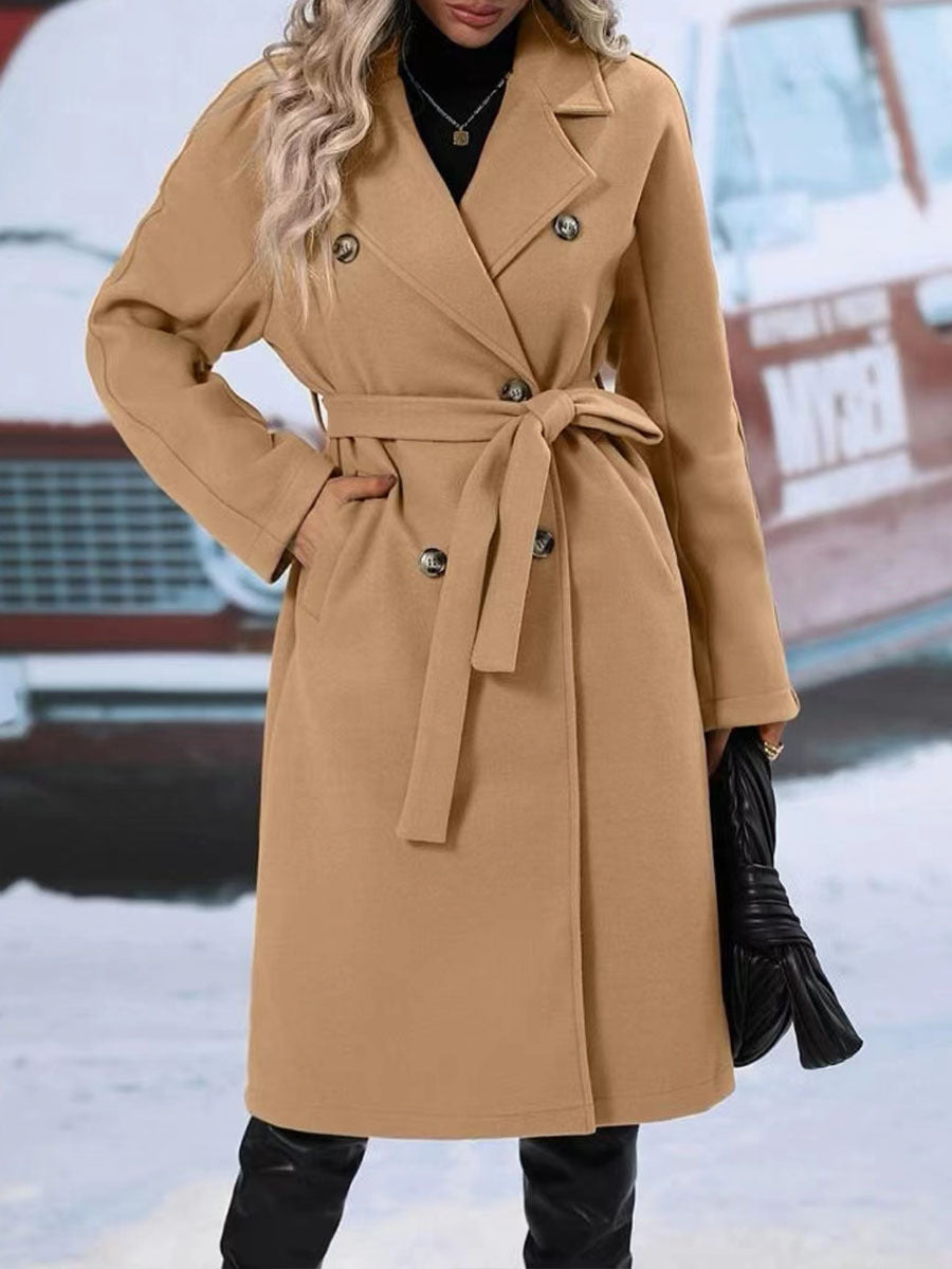 Womens Winter Coat Trend Lapel Double-breasted Trench Coat With Belt Winter Fashion Solid Color Long Jacket Outwear Women Clothing Notched Lapel Collar Double Breasted Pea Coat Winter Wool Blend Over Coats Long Jackets