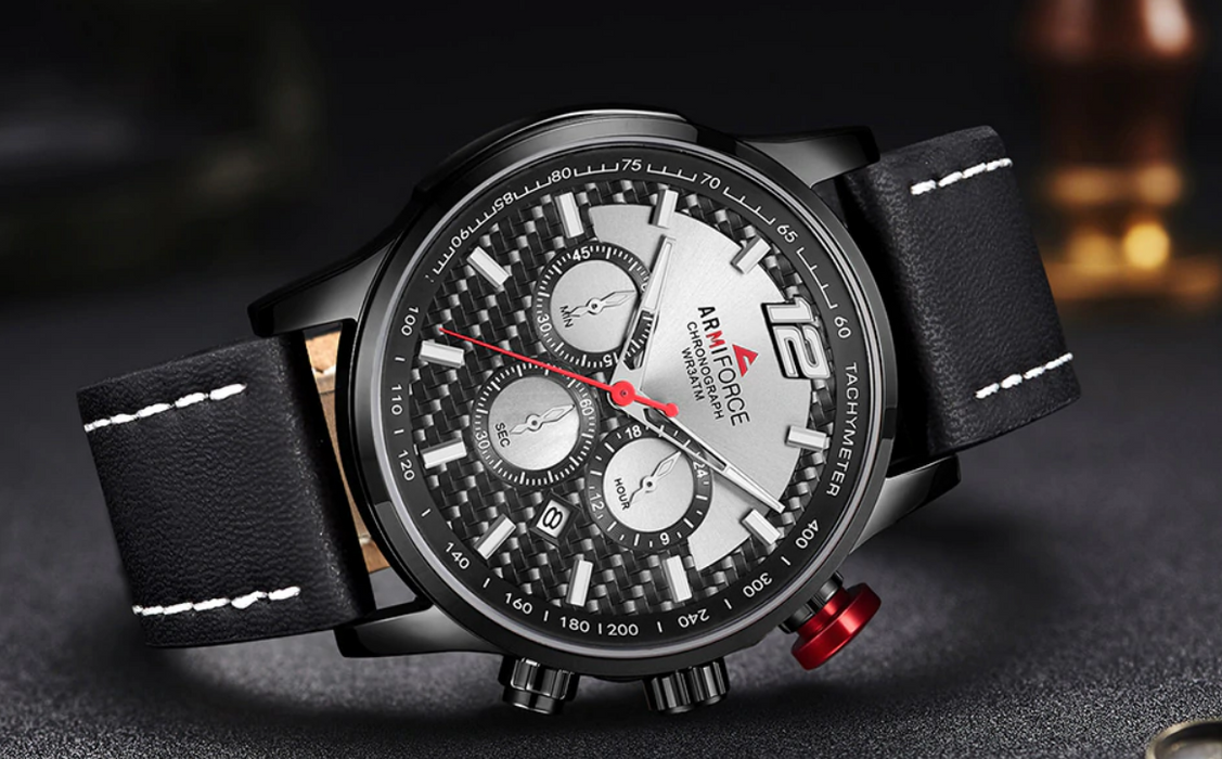 Mens Waterproof Sport Watch With Chronometers Day View And Cross-Matte Background Modern Man Watch