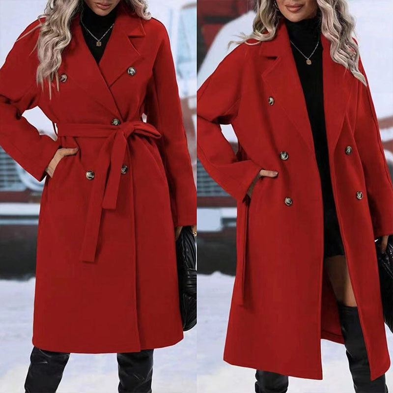 Womens Winter Coat Trend Lapel Double-breasted Trench Coat With Belt Winter Fashion Solid Color Long Jacket Outwear Women Clothing Notched Lapel Collar Double Breasted Pea Coat Winter Wool Blend Over Coats Long Jackets