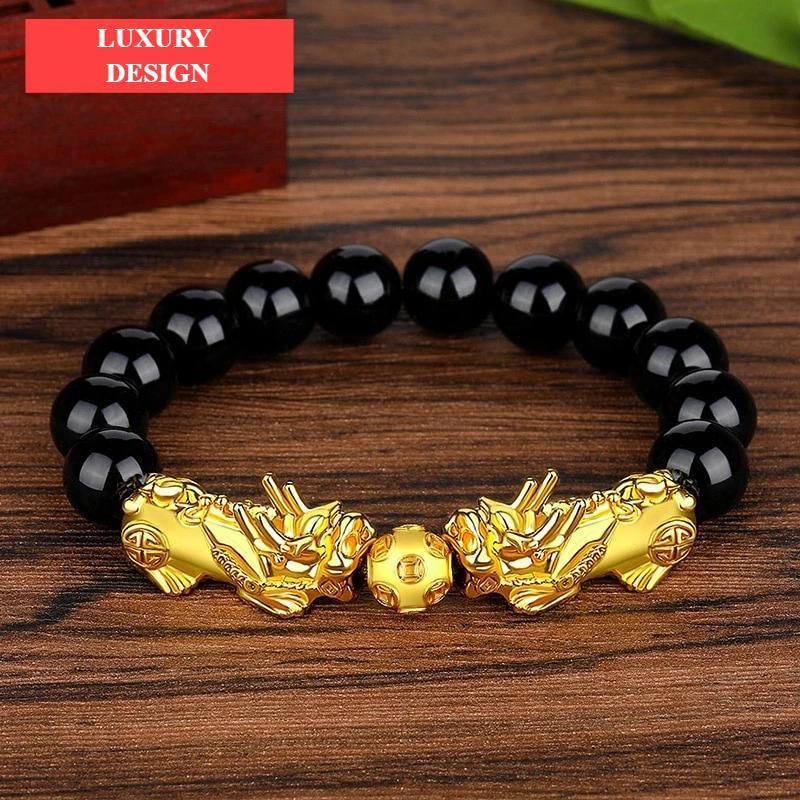 Luxury Black Obsidian Stone Beads Bracelet Gold Color Buddha Good Luck Wealth Bracelets for Women and Men