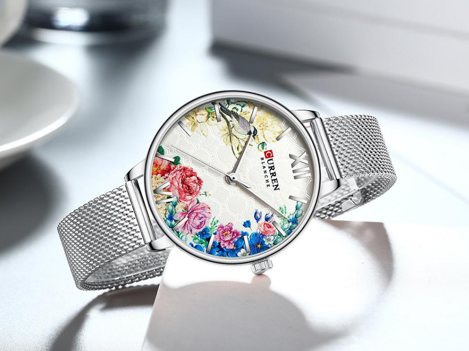 Womens Watches With Decoupage Flower Patterns And Details Of Large Roman Numbers