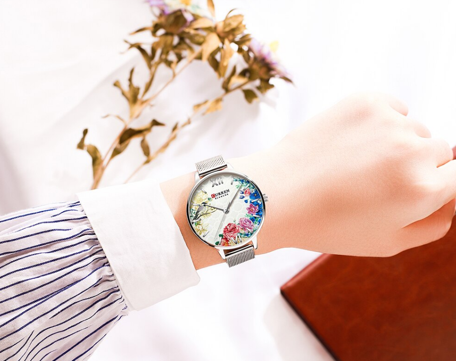 Womens Watches With Decoupage Flower Patterns And Details Of Large Roman Numbers