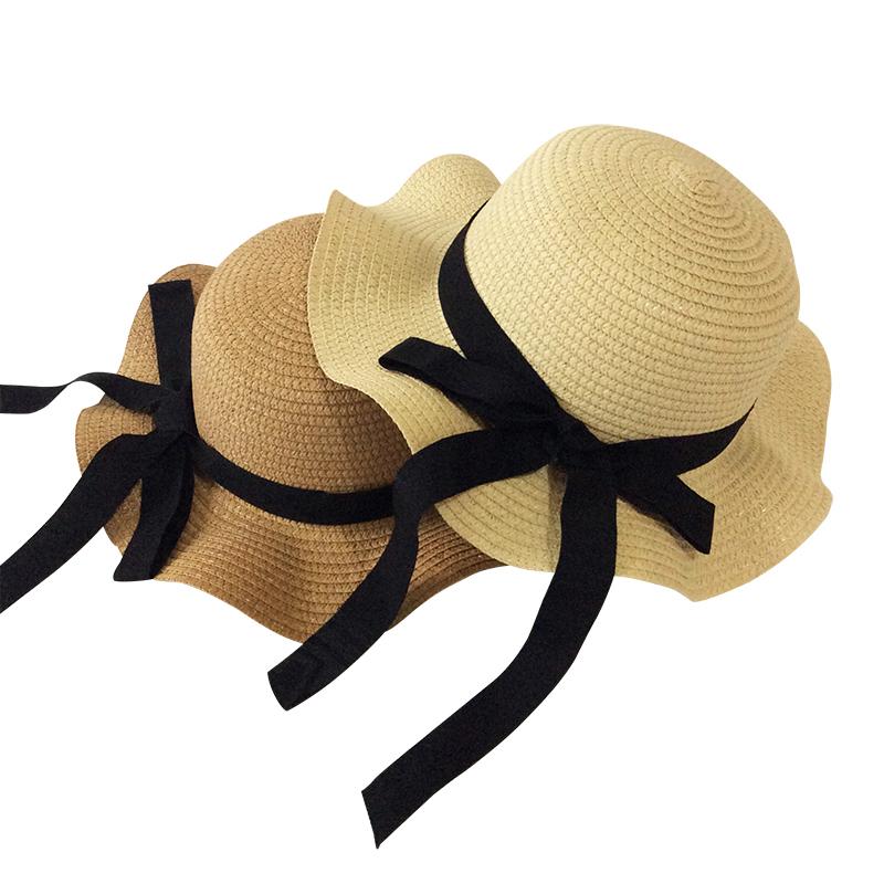 Summer Cap Black Ribbon Decorate Wavy Straw Hat For Girls Hat Kids Sun Cap Baby Beach Hats for Girls